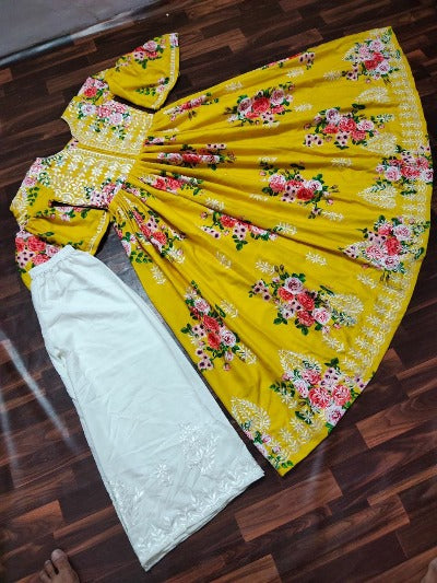 Yellow Soft Cotton Embroidered Bell Sleeves Kurti with Pant