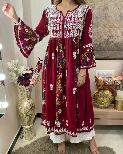 Maroon Soft Cotton Embroidered Bell Sleeves Kurti with PantMaroon Soft Cotton Embroidered Bell Sleeves Kurti with Pant