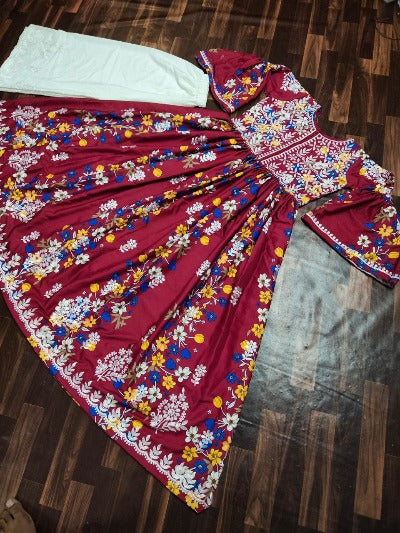 Maroon Soft Cotton Embroidered Bell Sleeves Kurti with Pant