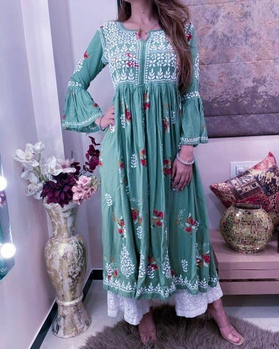 Aqua Green Soft Cotton Embroidered Bell Sleeves Kurti with Pant