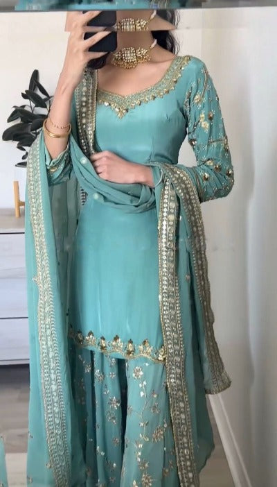 Powder Blue Heavy Georgette Embroidery Sequence Palazzo Suit Set