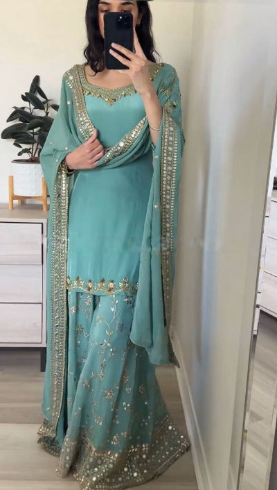 Powder Blue Heavy Georgette Embroidery Sequence Palazzo Suit Set