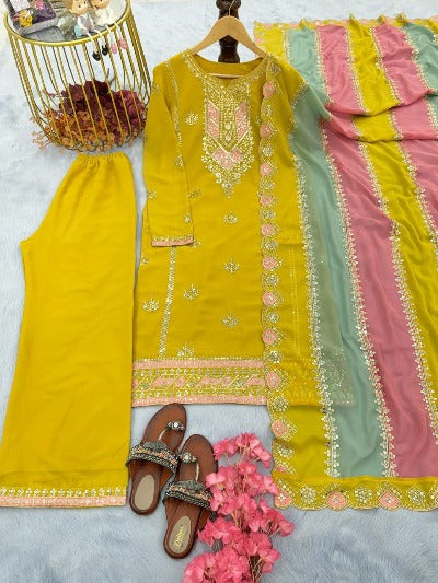 Yellow Designer Embroidered Georgette Palazzo Suit Set With Multicolour Dupatta