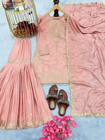Peachy Pink Pure Chinon Embroidery Sequence Work Palazzo Suit Set