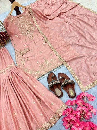 Peachy Pink Pure Chinon Embroidery Sequence Work Palazzo Suit Set