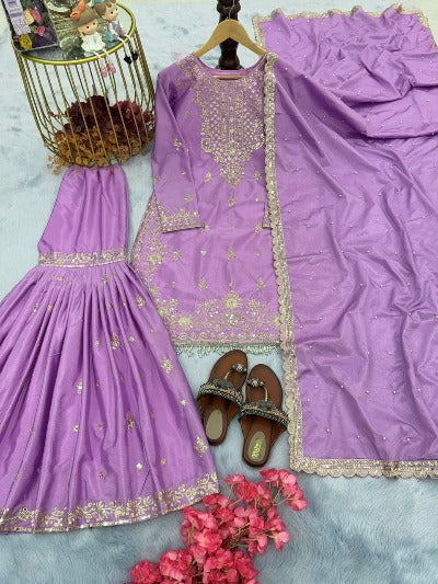 Lavender Pure Chinon Embroidery Sequence Work Palazzo Suit Set