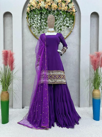 Purple Georgette Sequenced Sharara Suit Set