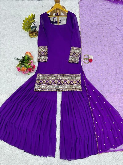 Purple Georgette Sequenced Sharara Suit Set