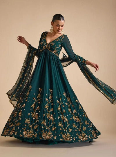 Teal Green Georgette Gold Sequins Anarkali Gown Suit Set