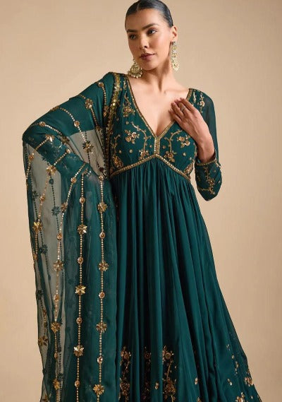 Teal Green Georgette Gold Sequins Anarkali Gown Suit Set