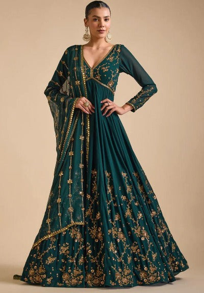 Teal Green Georgette Gold Sequins Anarkali Gown Suit Set