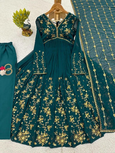 Teal Green Georgette Gold Sequins Anarkali Gown Suit Set