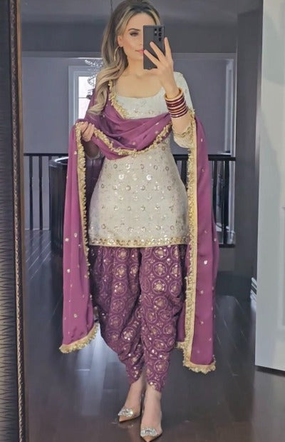 Mauve Pink & White Sequence Punjabi Dhoti Salwar Suit