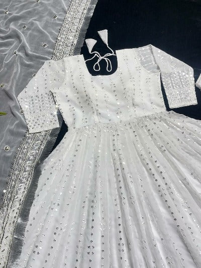 Pearl White Sequence Full Sleeves Designer Anarkali Suit Set