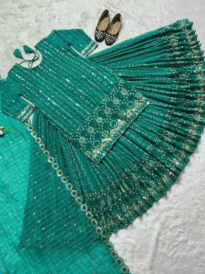 Sea Green Georgette Sequence Work Stitched Lehenga Choli Set
