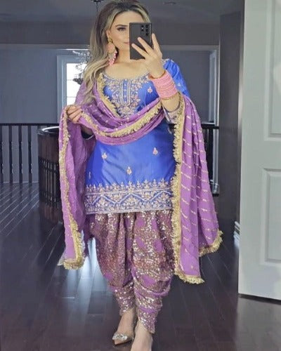 Lavender & Blue Sequence Punjabi Dhoti Salwar Suit