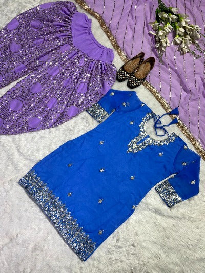Lavender & Blue Sequence Punjabi Dhoti Salwar Suit