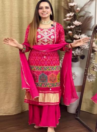 Pink Printed Ethnic Sharara Palazzo Suit Set