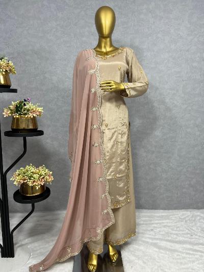 Champagne Beige Chinon Silk Salwar Suit Set