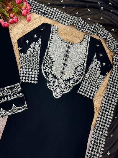 Black Embellished Georgette Designer Straight Suit Set