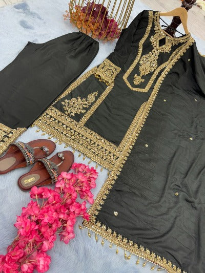 Black Chinon Silk With Gold Embroidery & Sequins Work Salwar Suit Set