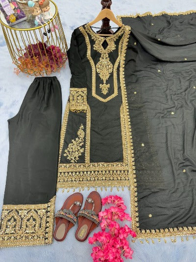 Black Chinon Silk With Gold Embroidery & Sequins Work Salwar Suit Set