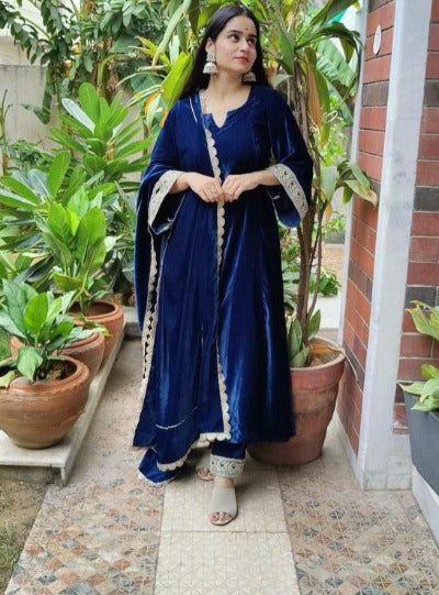 Navy Blue Velvet Sequence Work Salwar Suit Set