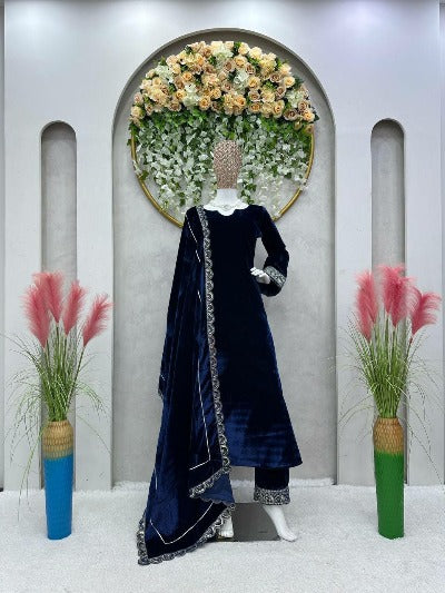 Navy Blue Velvet Sequence Work Salwar Suit Set