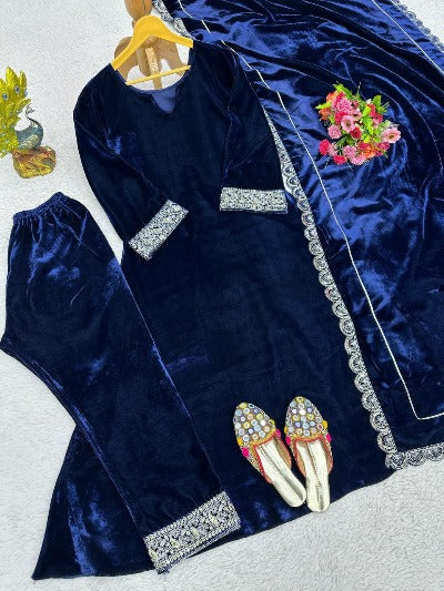 Navy Blue Velvet Sequence Work Salwar Suit Set