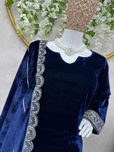 Navy Blue Velvet Sequence Work Salwar Suit Set