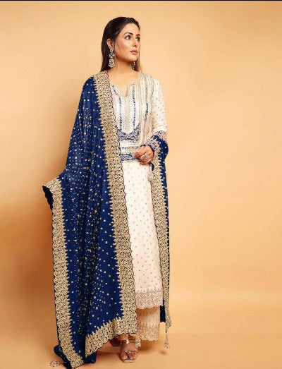 White Georgette Palazzo Suit With Navy Blue Dupatta