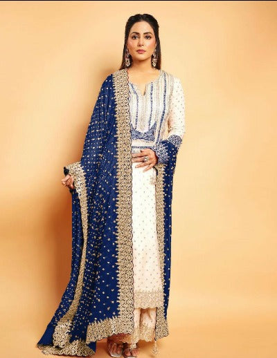 White Georgette Palazzo Suit With Navy Blue Dupatta