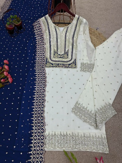 White Georgette Palazzo Suit With Navy Blue Dupatta