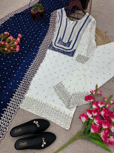 White Georgette Palazzo Suit With Navy Blue Dupatta