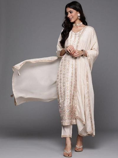 Cream Silk Gold Work Salwar Suit Set