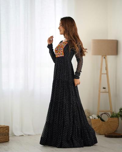 Black Leheriya Print Georgette Navratri Anarkali Gown 1pc