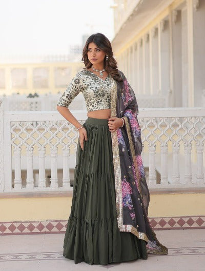 Mehendi Green Georgette Floral Lehenga Choli Set