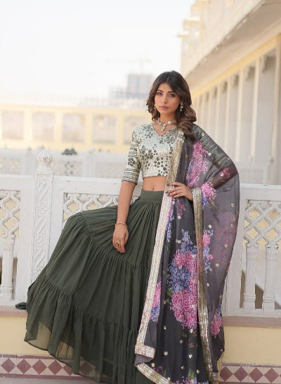 Mehendi Green Georgette Floral Lehenga Choli Set