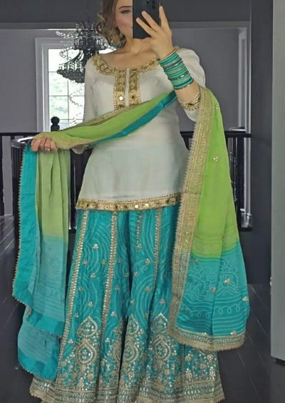 Blue Green White Georgette Wide Palazzo Suit Set