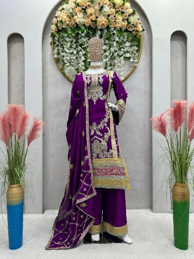 Purple Chinon Silk Thread Sequence Work Salwar Suit Set