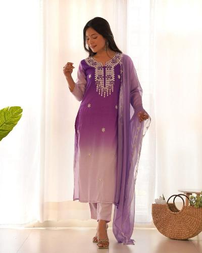 Purple Ombre Embroidered Salwar Suit Set