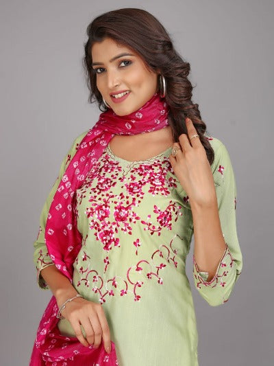 Pista Green Salwar Suit With Pink Bandhani Dupatta