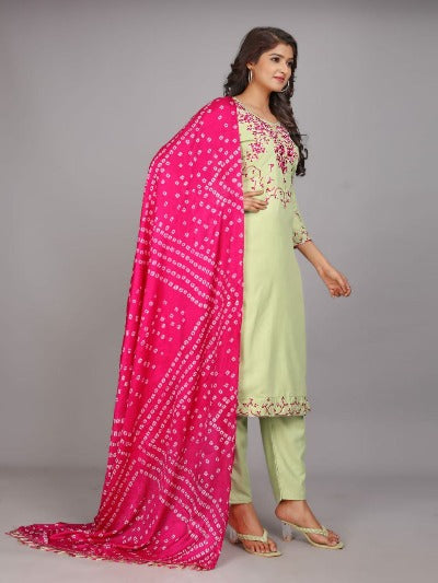 Pista Green Salwar Suit With Pink Bandhani Dupatta