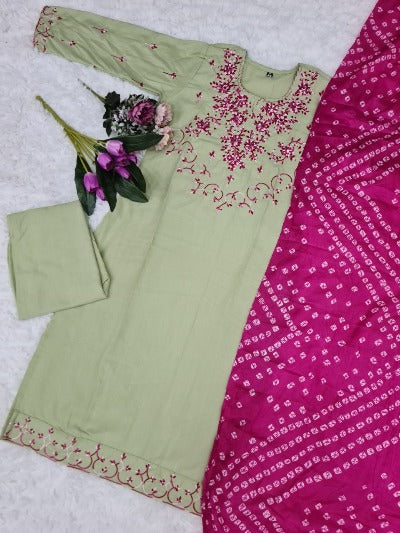 Pista Green Salwar Suit With Pink Bandhani Dupatta