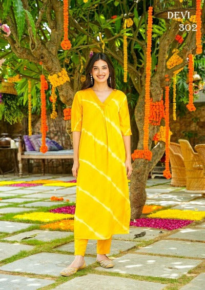 Plus Size Yellow Muslin Silk Kurti Pant Set Of 2