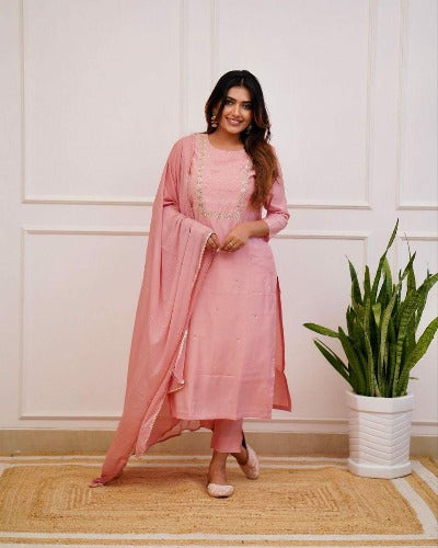 Peachy Pink Rayon Sequence Work Salwar Suit Set