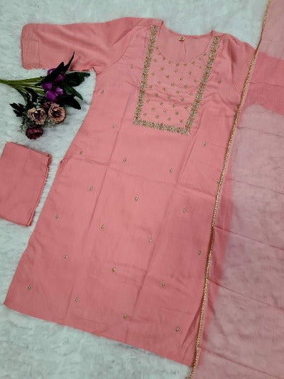 Peachy Pink Rayon Sequence Work Salwar Suit Set