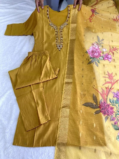 Honey Yellow Roman Silk Salwar Suit Set