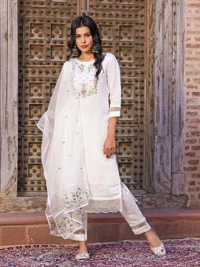 Full White Viscous Chanderi Salwar Suit Set