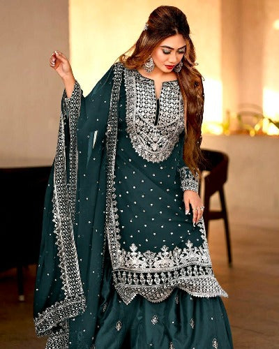 Teal Green Georgette Heavy Embroidered Gharara Suit Set